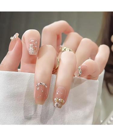 24Pcs/Set Press On Nails Mid Length Nude Pearl Chain Nail Patch False Nails Acrylic Fake Nails Full Cover Nails Tips Artificial Finger Manicure Press on nails for Women and Girls - Buy Online on GoSupps.com