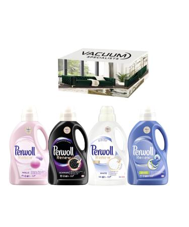 Perwoll Renew Laundry Detergent Combo Set. INCLUDES Perwoll Wool & Delicates Detergent 21 WL Perwoll Renew & Repair Black 24 WL Perwoll Renew & Repair White 24 WL Perwoll Sport 25 WL
