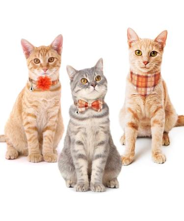 VKPETFR Breakaway Cat Collar 3 Pack - Cute Flower & Bandana Design - Adjustable Safety Buckle Kitten Collars with Bow Tie and Bell - Ideal for Girl Boy Cats and Puppies - Orange - Buy Online on GoSupps.com