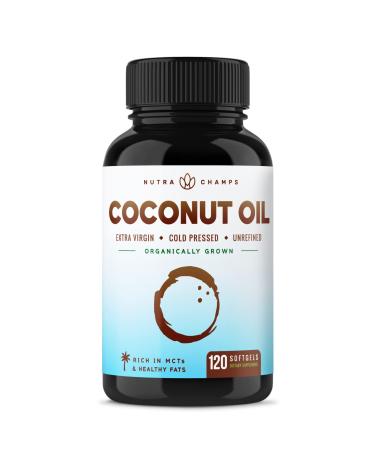 Organic Coconut Oil Capsules 2000mg - 120 Softgels Extra Virgin, Unrefined, Cold Pressed, Unfiltered 1000mg Pills Rich in MCT & MCFA for Healthy Weight Loss, Hair, Skin, Nails, Heart, Brain Health