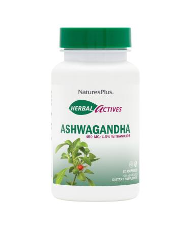 NaturesPlus Herbal Actives Ashwagandha 450 mg - 60 Vegetarian Capsules - Prescription Quality - Gluten Free - 60 Servings