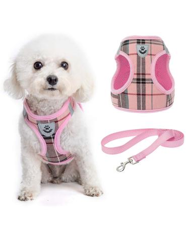 KOOLTAIL Small Dog Harness and Lead Set Soft Mesh Plaid Puppy Harness with Safety Buckle Adjustable & Comfortable Padded Reflective Vest for Puppies and Small Breeds Dogs Walking Pink Small