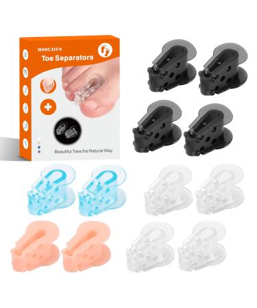 moocaius Gel Toe Separators to Correct Bunions and Restore Toes to Their Original Shape Bunion Corrector for Big Toe Universal Size (12 Pack 4 colors) transparent skin tone black blue