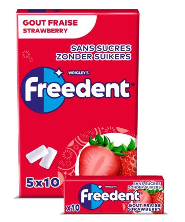 FREEDENT - Sugar-free Strawberry Chewing Gum - 5 packs of 10 dragees - 70g (Packaging may vary)