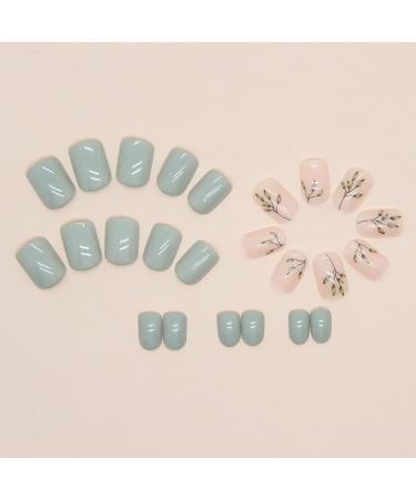 24Pcs Short Square Green Gradient Leaves False Nails - Elegant French Tips Press on Nails for Women - Reusable Stick on Nails - Nail Art Accessories - Buy Online on GoSupps.com
