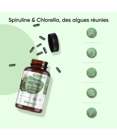 Spiruline Chlorella Bio - 240 G lules Vegan 1740 mg par Portion Riches en Prot ines Fer Vitamines B Chlorophylle & Acides Gras Essentiels - Om ga 3 & 6 Algues Alimentaires Spiruline & Chlorelle - Buy Online on GoSupps.com