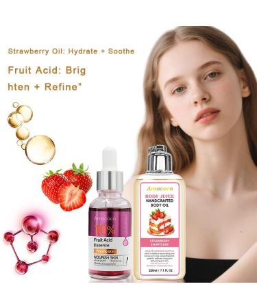 Amococo Body Care Duo: Strawberry Shortcake Body Oil (220ml) + 10% Fruit Acid Essence (30ml) | Moisturizing & Radiance-Boosting - Buy Online on GoSupps.com