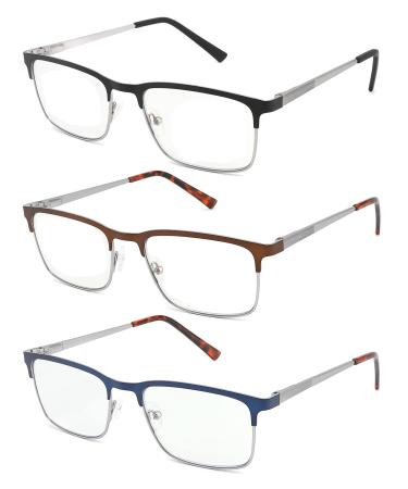 3 Pack Fashion Metal Full Frame Reading Glasses for Men Mens Computer Readers with Comfort Spring Hinges Anti Glare Uv Ray Filter Eyeglasses (+2.75 Strength) 3 Pack(black/Brown/Blue) 2.75x