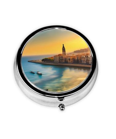Sunset in Barcelonaround Pill Box 3 Compartments Round Pill Box Organizer for Purse Or Pocket Portable Travel Pill Box