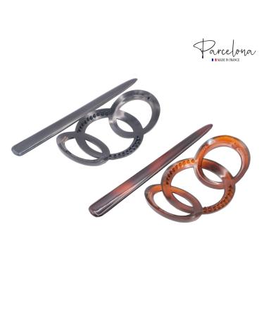 Parcelona French Triple Ringed Tortoise Shell Brown & Glossy Black Hair Slider Pin Ponytail Holder Barrette Set - 2 Pieces - Buy Online on GoSupps.com