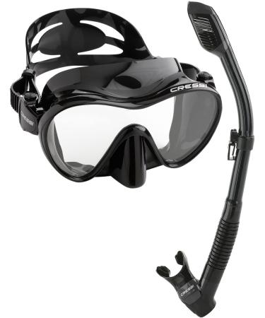 Cressi Italian Boutique Collection - Tempered Glass Lens Frameless Scuba Snorkeling Dive Mask - Splash Guard Dry Snorkel Set Black Mask and Black Snorkel