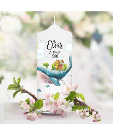 Baptismal Candle for Boy or Girl - Whale & Fish Design - Custom Name & Date - Blue & White - 25 x 7 cm - Perfect for Baptism Birth & Communion - Buy Online on GoSupps.com