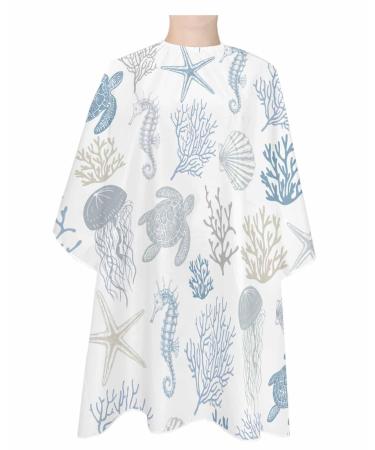 Ocean Blue Coral Barber Cape Salon Hair Cutting Cape for Women Men Kids Adults Haircut Cape with Adjustable Elastic Neckline Hairdressing Stylist Cape Accessories Summer Turtle Starfish Shell Seahorse