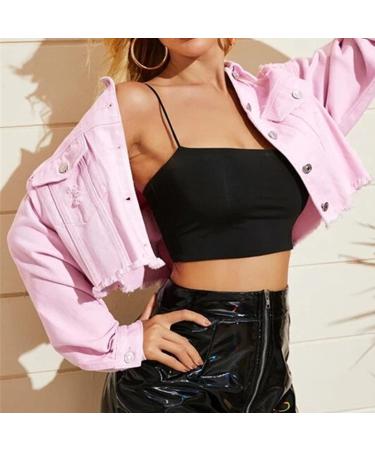 Buy Haiorziyou Women's Cropped Denim Jacket - Light Wash Plus Sizes Stylish Blouse with Revers Button & Distressed Design - XS Pink - Buy Online on GoSupps.com