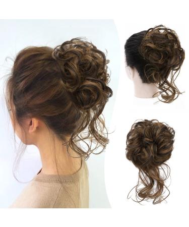 LE SECRET 1Pcs Messy Bun Hair Piece Synthetic Curly Wavy Messy Hair Bun Scrunchies for Women Girls Tousled Updo with Tendrils Hair Bun Extensions Daily Wear(Brown Mix Natural Blonde) Curly Messy Bun Hair Brown Mix Natura...