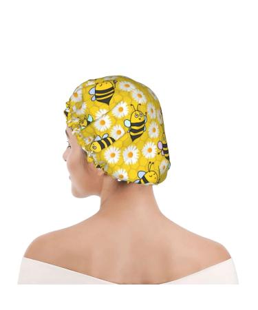 Cute Bee and Flowers Pattern Shower Cap for Women - Reusable Long Hair Cap with Elastic Band - Double Layer Bathing Hat for Adults and Kids - Buy Online on GoSupps.com