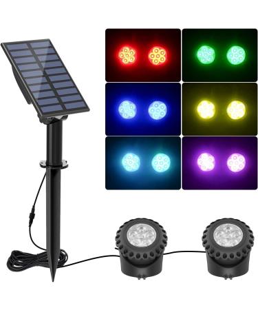 Natpow solar pond lighting RGB underwater pond light Landscape headlight pond lights diving spotlights with IP68 waterproof color change garden lighting for garden patio tree (2 in 1) 2h-RGB