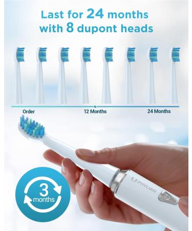 Phylian Pro Electric Toothbrush - Rechargeable Sonic Toothbrush with 8 Heads 5 Modes & 2-Minute Timer - Light Blue - Buy Online on GoSupps.com