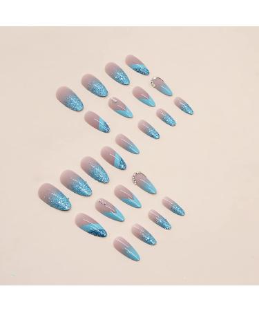 Buy IMSOHOT Almond Press on Nails - Medium Blue Glitter Gradient False Nails with Rhinestones - 24pcs Glossy Acrylic Nail Designs for Women - Buy Online on GoSupps.com