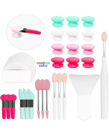 31 pcs Silicone Lip Brushes with Anti-lost Cover and EVA Bag  Cosmetic Makeup Spatula Face Mask Applicator Brush Beauty Lipstick Brushes Eyebrow Eye Shadow Brushes with Suction Cup Cap - Random Color