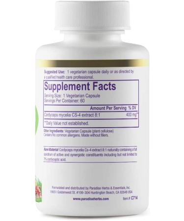 Paradise Herbs Tibetan CS-4 Cordyceps - 60 Vegetarian Capsules | Boost Energy & Vitality - Buy Online on GoSupps.com