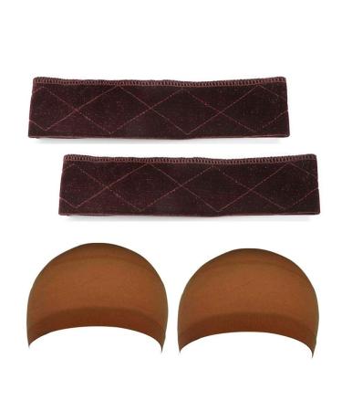Wig Grip Head Band No Slip Wig Band Edge Saver Wig Headband Wig Bands Velvet Wig Band Elastic Stretched To Keep Wig Secured 2 Pieces Wig Head Bands With 2 Pieces Wig Caps Hair Net For Weave Brown-A