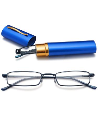 Vevesmundo metal reading glasses mini compact light spring hinge narrow classic reading aid glasses with metal etui 1 piece of blue blue light filter reading glasses 4.0 x