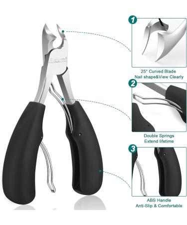 Professional Toe Nail Clippers for Thick Nails - Heavy Duty Toenail Scissors with Nail File & Hook - Sharp Curved Blades - Wide Jaw Opening - Soft Handles in Black & Silver - Buy Online on GoSupps.com