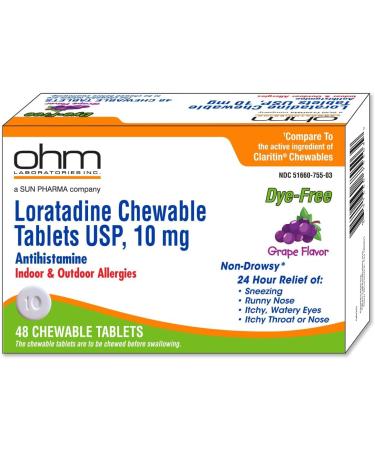 Ohm Loratadine 10mg Chewable Tablets Non-Drowsy Antihistamine for Indoor & Outdoor Allergies | Grape Flavor Dye-Free Allergy Relief (Large 48 Count) Large 48