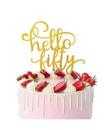 GotGala Glitter Hello Fifty Cake Topper 50th Birthday Cake Topper for Birthday Wedding Anniversary Party Decorations (Gold)