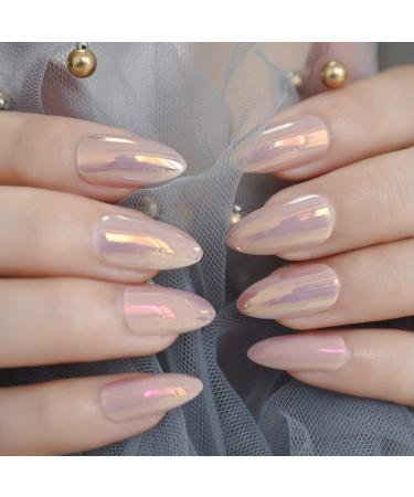 Medium Shiny Misty Rose Full Cover Almond Fake Nails - Elegant Duo Chrome Design for Sexy and Simple Nail Art - Buy Online on GoSupps.com
