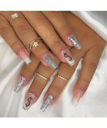 JUSTOTRY 24 Pcs Silvery Glitter False Nails Long with Jewels Milky White French Press on Nails Patterns Nude Ballerina Stick on Nails for Women Acrylic Coffin Fake Nails Medium with Glue for Nail Art Jewels&Milky 1
