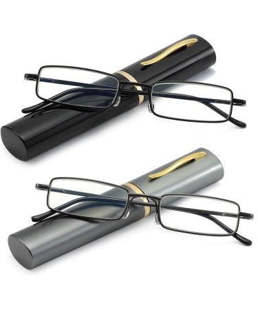 2 Pack Blue Light Blocking Reading Glasses - Slim Lightweight Mini Readers with Clip Case (Black & Gunmetal +1.50 - Buy Online on GoSupps.com