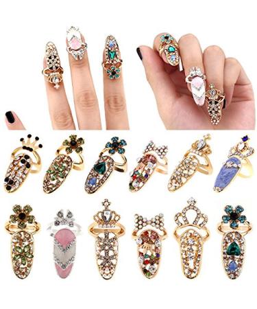 12pcs Women Fashion Bowknot Nail Ring Charm Crown Flower Crystal Finger Nail Rings