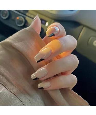 48pcs (2pack) Nude Press On Fake Nails Medium Length Black Block French False Nail Tips Long Ballerina Press On Nails for Women Girls Nail Art