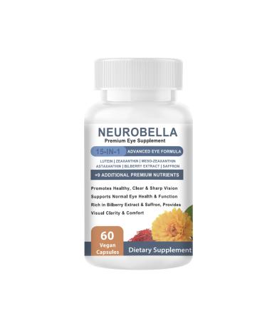 NEUROBELLA Premium Eye Supplement15 in 1 Advanced Eye Formula - with All 3 Carotenoids Lutein & Zeaxanthin Bilberry Extract and Saffron 60ct
