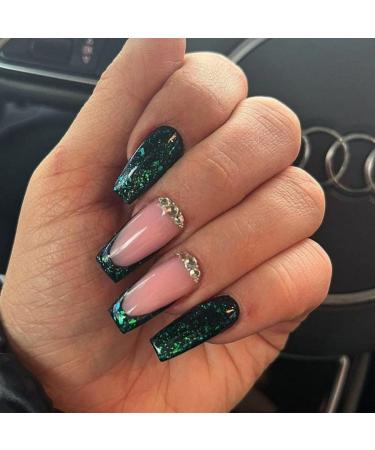 JUSTOTRY 24 pcs Diamante False Nails Long Emerald Green French Press on Nails Patterns Ballerina Stick on Nails for Women Acrylic Coffin Fake Nails Medium with Glue for Nail Art jewels&green 1