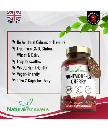 180 Montmorency Cherry Vegan Friendly Capsules High Strength 1100mg Montmorency Cherries UK Manufactured to GMP Standards by Natural Answers 180 Count (Pack of 1) - Buy Online on GoSupps.com
