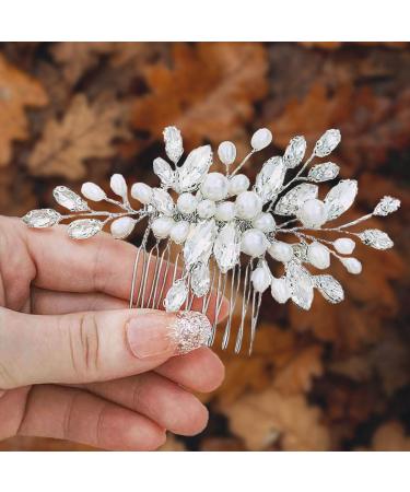 Edary Bridal Silver Wedding Hair Combs Rhinestone Bridal Headpiece Pearl Hair Clips Crystal Hair Accessories for Women and Girls
