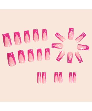 MISUD Hot Pink French Tip Press On Nails - Long Square Acrylic Glue On Nails 24 pcs Summer Flower Design Glossy Squoval Fake Nails - Buy Online on GoSupps.com