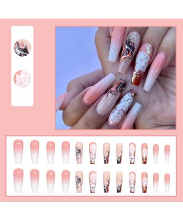 24 Pcs YoYoee Long Press on Coffin False Nails - Marble Gradient Pink Fake Nails for Women and Girls - Buy Online on GoSupps.com