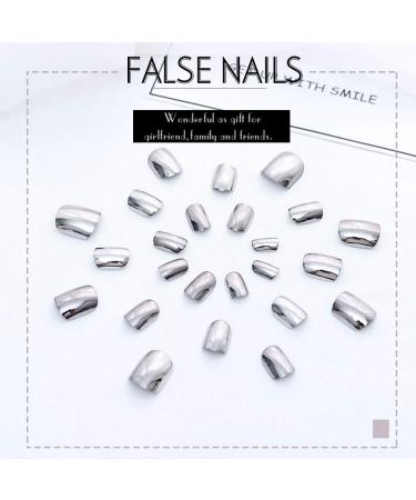 Square Short Mirror Press on Nails - Silver Glossy False Nails (24 PCS) for Women and Girls - Buy Online on GoSupps.com