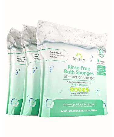 Rinse Free Sponge Bath Wipes (90-Pack) | Extra Large Thick No Rinse Waterless Body Wipe Sponges Disposable Shower On-The-Go Cleaning Wash Cloths for Kids Adults Elder Care Gym Travel (3 Pack of 30) 30 Count (Pack of 3)