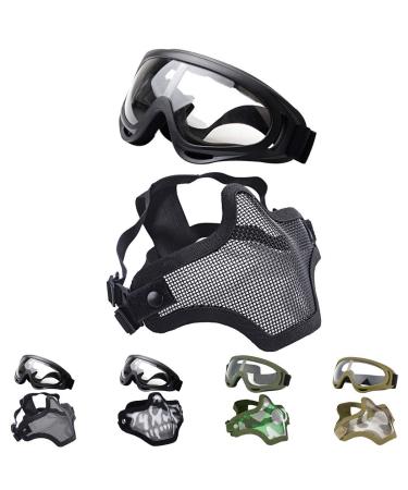Outgeek Airsoft Half Face Mask Steel Mesh and Goggles Set black
