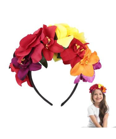 minkissy Halloween Roses Flower Hair Bands Day of The Dead Headband Halloween Headdress Mexican Headband for Women Girls (Red Yellow) Blue