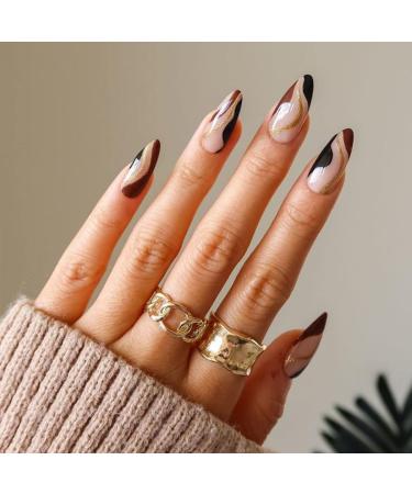 Vatocu Mandel Glitzer artificial nails short brown artificial nails Welly line ballerina press on nude nude acrylic stick on nails for women and girls (24 pieces)