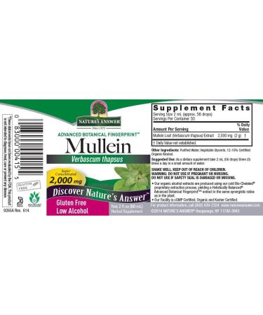 Nature's Answer Mullein Leaf with Organic Alcohol 2000mg 2oz Extract | Supports Respiratory Function | Vegan Non-GMO Gluten-Free Kosher | Single Count - Buy Online on GoSupps.com
