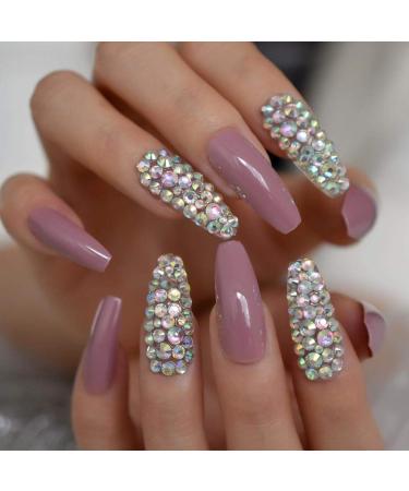 HUJL Artificial Nails 3d ab gem super long ballerina coffinnail extension tool on shiny pink purple false nails