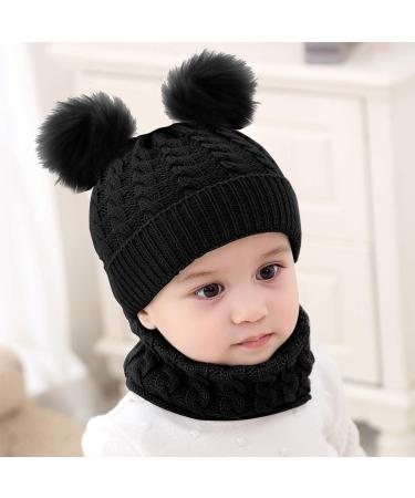 CheChury Toddler Hat and Scarf Set - Baby Knit Pom Beanie Cap with Circle Loop Scarf Neckwarmer for 1-3 Years - Black - Buy Online on GoSupps.com
