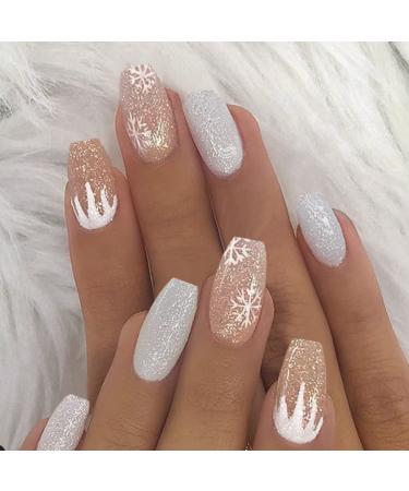 Sethexy medium white false fingernails ballerina sparkle nails glossy coffin false nails snow nails with glue 24st acrylic art nail tips to press on for women and girls